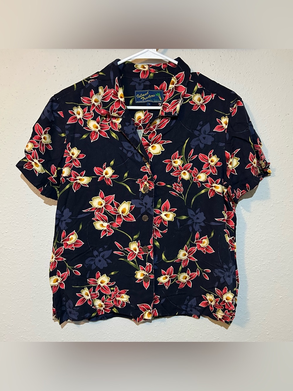 Vintage Island Traders Hawaiian Shirt Navy Orchid Floral M